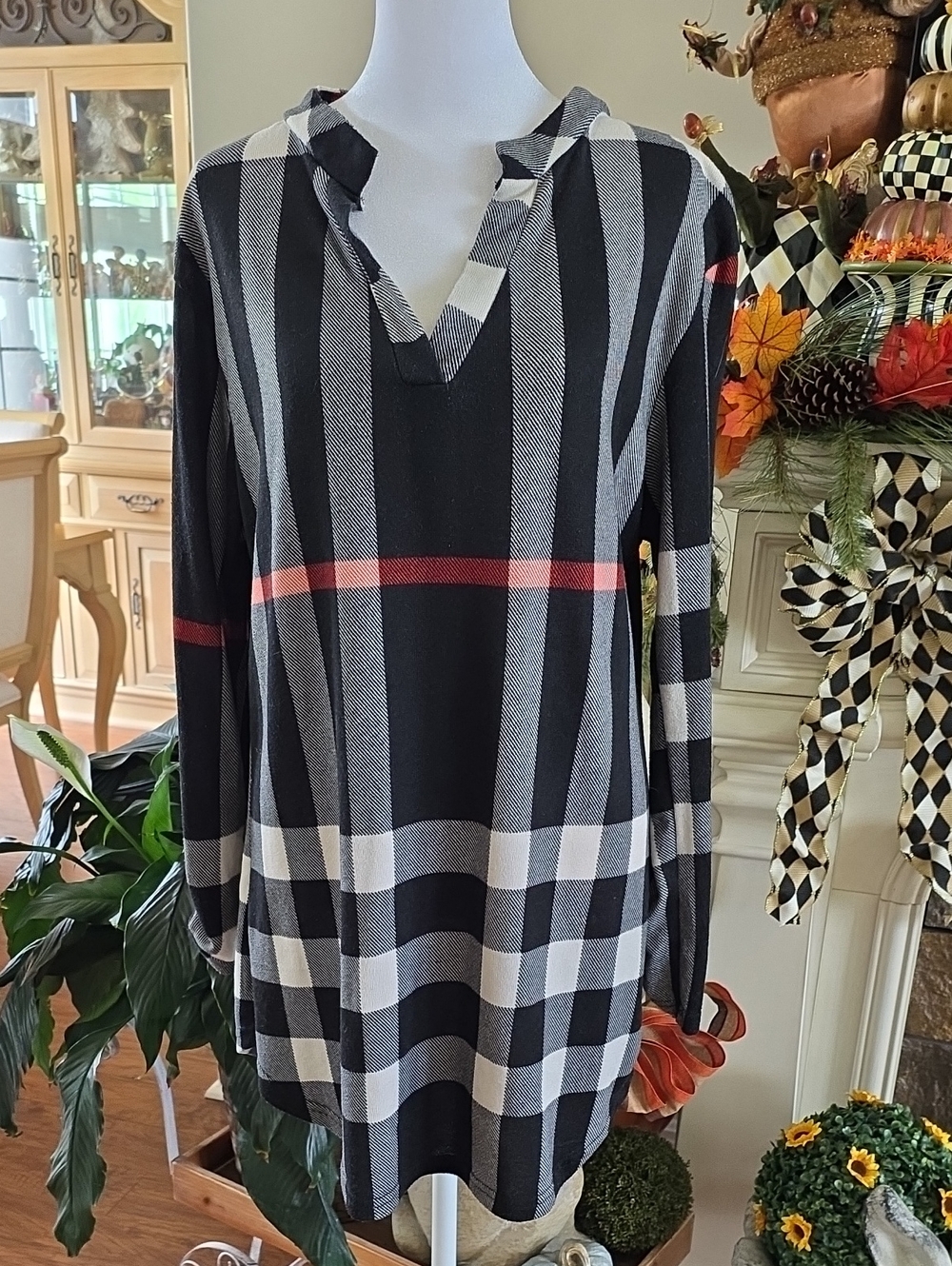 Black Plaid V-Neck Tunic Top with Red Accent